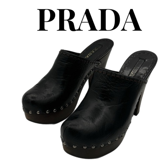 Prada Black Leather Mules with Distressed Wooden Heel – Size 39 EU - Picture 1 of 13
